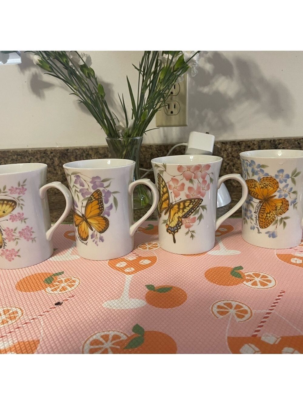 Vintage Richmond Mugs (4), Porcelain China Butterfly Cups, Hand Decorated, UK.